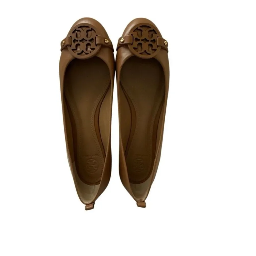 Tory Burch Womens Tan Brown Leather Slip-On Medallion Logo Ballet Flats Size 8.5